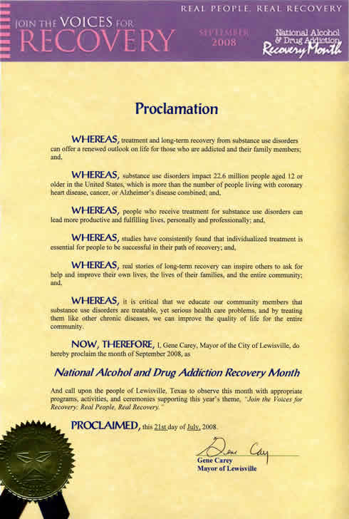 Proclamation from the Mayor of Lewisville, Texas stating participation in the programs and activities supporting Recovery Month 2008