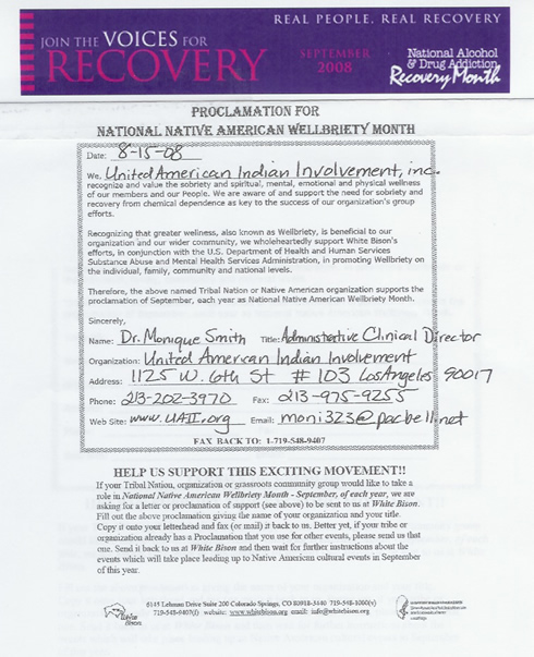 Proclamation from the United American Indian Involvement, Inc. stating participation in the programs and activities supporting Recovery Month 2008