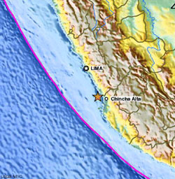 Relief map of Peru noting earthquake epicenter.  Source: US Geological Survey