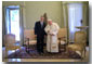 After attending the G-8 Summit in Genoa, President Bush traveled to Rome to meet His Holiness Pope John Paul II July 23, 2001. In addition to posing for photos, the two leaders took a short walk together and talked privately. White House photo by Eric Draper.