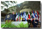 "Today,
I call for a new compact for global development, defined by new accountability for both rich and poor
nations alike," states President George W. Bush in his address at the Inter-American Development Bank in Washington, D.C. 
March 14. Accompanying the President from left to right are: the lead singer of U2, Bono; Cardinal McCarrick and Worldbank 
President Jim Wolfensohn. White House photo by Tina Hager.