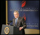 President George W. Bush addresses his remarks on the global war on terror, Monday, March 13, 2006 , before members and guests of the Foundation for the Defense of Democracies at the Dorothy Betts Marvin Theatre at George Washington University in Washington.  White House photo by Paul Morse