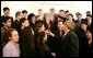 President George W. Bush greets the 40 finalists of the 2005 Intel Science Talent Search in the East Room of the White House, Monday, March 14, 2005.  White House photo by Susan Sterner