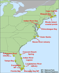 U.S. east coast, showing some of the sites where the USGS is studying submarine ground-water discharge. 