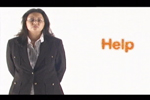 Woman standing next to text that says Help