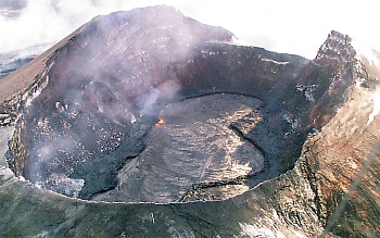 Aerial view of lava pond inside Pu`u `O`o cinder and spatter cone, Kilauea Volcano, Hawai`i