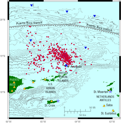 Preliminary locations of epicenters of earthquakes that took place during 2007 ocean-bottom seismometer deployment