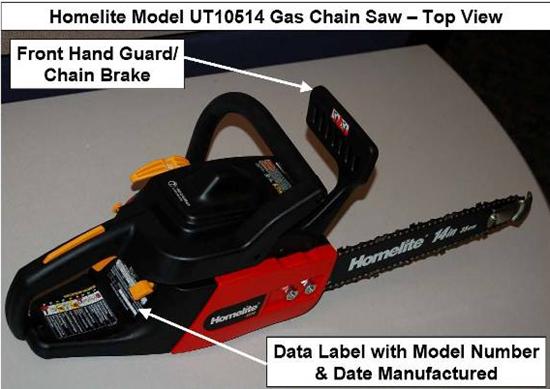 Picture of Recalled Homelite Chain Saw indicating the front hand guard/chain brake and the data label with model number and date manufactured