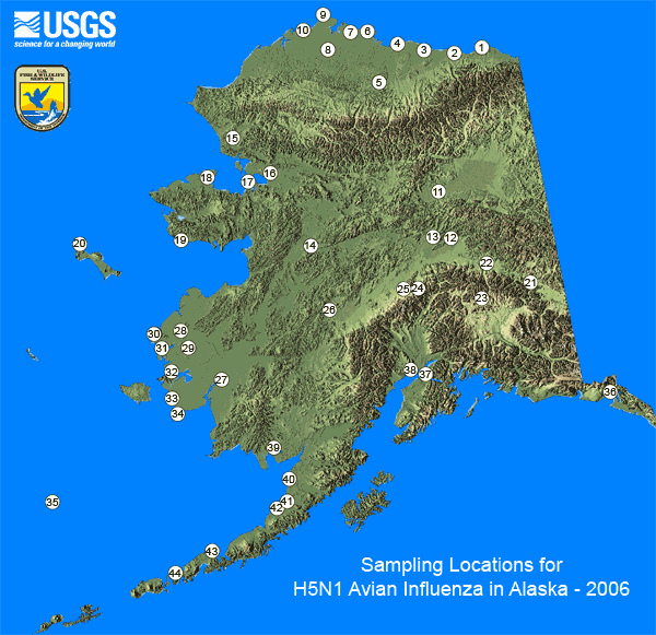 Sampling locations for H5N1 Avian Influenza in Alaska in 2006 map