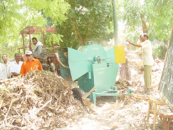 Farmers in El-Sheikh Eissa, in Egypt’s eastern El-Sharkia province, operate machines that chop up banana tree waste that will be used to fertilize their farms.