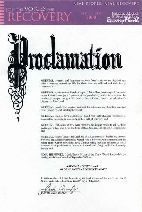 Proclamation from the Mayor of the City of North Lauderdale, Florida, stating participation in the programs and activities supporting Recovery Month 2008