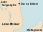 A bathymetric map of Africa's Lake Malawi shows locations of drilling sites, bottom profiles.