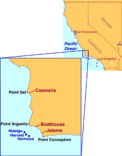 map of Point Conception area, highlighting locations of beaches and oil production platforms