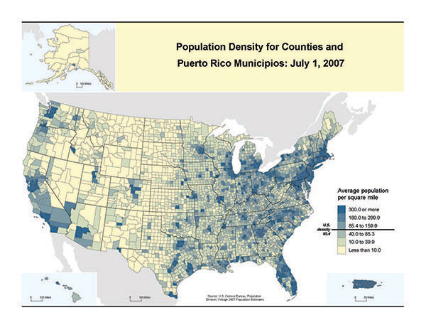 Map of Population Density for Counties and Puerto Rico Municipios: July 1, 2007