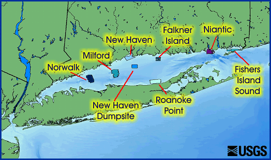 Map showing location of Long Island Sound sidescan sonar mosaics.