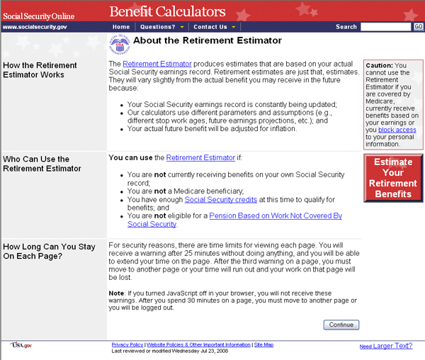 Screen shot of About the retirement estimator web page