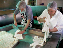 Josefa Moran, right, makes mozzarella cheese with the help of volunteer Mike Costello in Sonsonate, El Salvador.