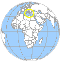 Hemisphere map with eastern Mediterranean study area circled.