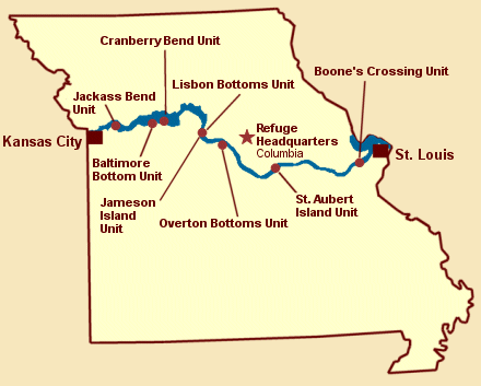 Map of the Big Muddy National Fish and Wildlife Refuge units.