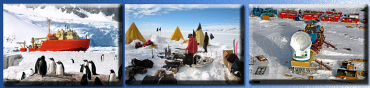 images, left to right:  Research ship near Palmer Station, field camp near Dufek Massif, 10-meter telescope under construction at the South Pole