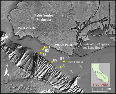 Study area on the Palos Verdes shelf encompassing 6 sites, with 13 platforms housing oceanographic instrumentation.