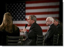 President George W. Bush leads the discussion with participants at the Wings Over the Rockies Air and Space Museum Monday, March 21, 2005. The Denver ‘Conversation on Strengthening Social Security’ was the last of the day in the president’s travels. White House photo by Eric Draper 