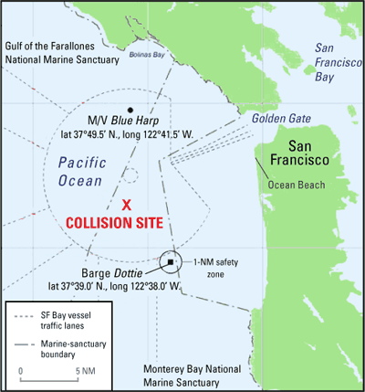 Golden Gate area, showing positions of the merchant vessel Blue Harp and the tank barge Dottie after a hypothetical collision 11 nautical miles southwest of the Golden Gate.