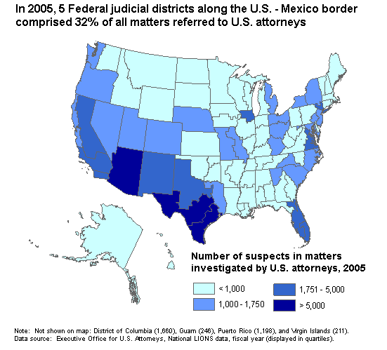 Map on the number of suspects in matters investigated by U.S. attorneys, 2005
