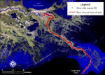 Satellite image showing portions of the Mississippi River affected by the recent oil spill