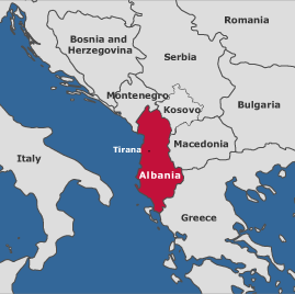 Map of Albania, showing the capital (Tirana) and neighboring countries (Kosovo,Italy, Bosnia & Herzegovina, Bulgaria, Greece, Macedonia, Montenegro, Romania, and Serbia)