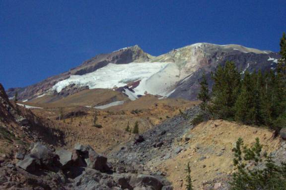 View of the southwest side of Mt. Adams showing hydrothermal alteration on the edifice and young (>200 ybp) Salt Creek lahar that contains abundant blocks of hydrothermally altered rocks derived from near the summit of Mt. Adams