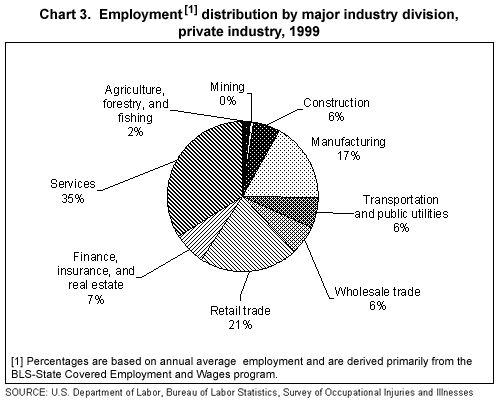 Chart 3. Employment distribution by major industry division, private industry, 1999