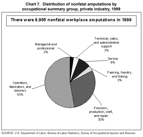 Chart 7. Distribution of nonfatal amputations by occupational summary group, private industry, 1999