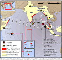 Map showing areas affected by the 2004 Indian Ocean tsunami.