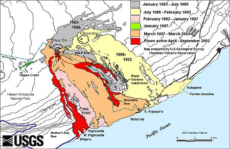 Map of lava flows on south coastal part of Kilauea Volcano as of 10 September 2002