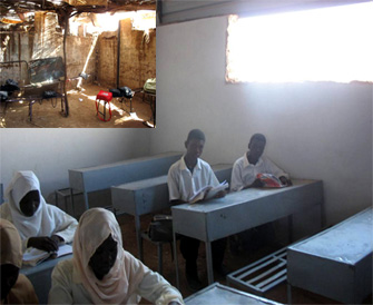 Photo: A primary school for internally displaced children in Khartoum before (inset) and after USAID/OTI-supported renovations.