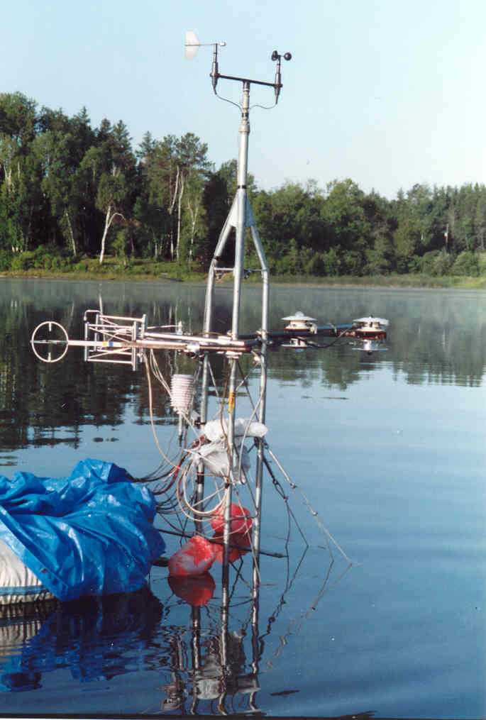 Photo of gas-flux tower anchored in the center of Williams Lake