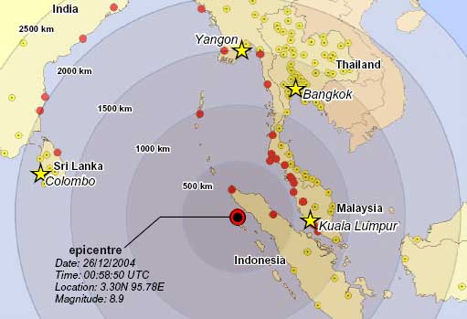 Map of earthquake information and countries affected by tsunami.  Date: 26/12/2004 Time: 00:58:50 UTC Location: 3.30N 95.78E Magnitude: 8.9