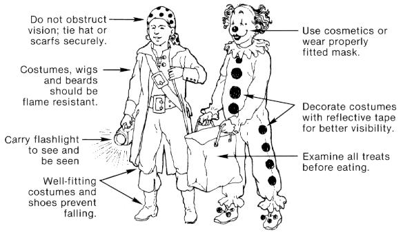 Graphic of two children trick or treating that points our Halloween Safety tips