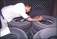 Havana: A local health worker uses a torch to check for signs of water and mosquito eggs inside tyres in a tyre depot.