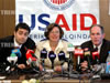 (Right to left:) Frank Hespe, ABA CEELI Country Director for Azerbaijan, Anne Derse, U.S. Ambassador to Azerbaijan and David Rubino, USAID Rule of Law Liaison, responded to media questions at the May 14 kick-off event
