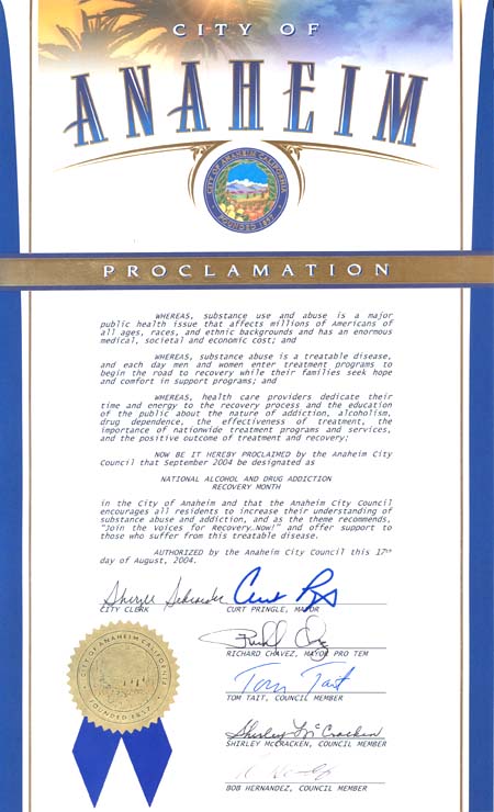 Proclamation for Anaheim, California