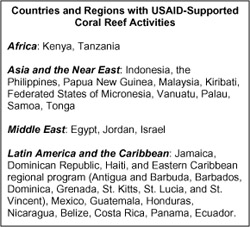Table of countries and regions with USAID-supported coral reef activities. Link to full text description follows.
