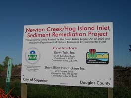 The sign at the entrance to the Newton Creek/Hog Island Inlet Great Lakes Legacy Act Cleanup