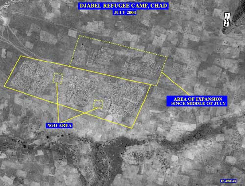 Satellite Photo: Djabel Refugee Camp, Chad - July 2004, highlighting NGO areas and area of expansion since middle of July