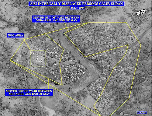 Satellite Photo: Sisi Internally Displaced Persons Camp, Sudan - July 2004, highlighting NGO area and those moved out of Wadi between mid-April and end of May