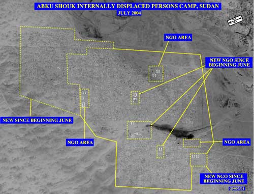 Satellite Photo: Abu Shouk Internally Displaced Persons Camp, Sudan - July 2004, highlighting NGO areas and new space beginning June.