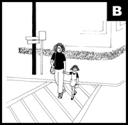 mom and child holding hands while crossing the street (b)