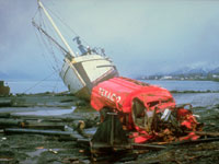 Damage from a tsunami generated by the magnitude 9.2 earthquake of March 27, 1964, in Prince William Sound, Alaska.