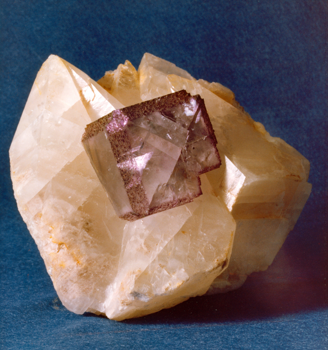 Fluorite on calcite. Bureau of Mines, Mineral Specimens C\01685.